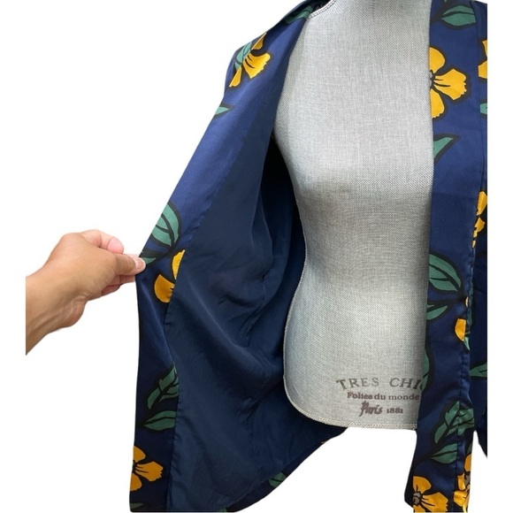 Forever 21 Cardigan Kimono Satin-like Lined Open Front Navy/Mustard Floral Sz: M - Picture 8 of 12